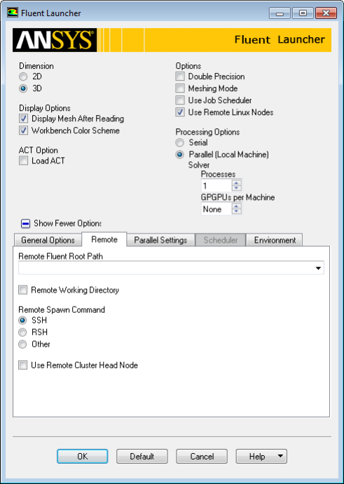 图4.3  Fluent Launcher的Remote选项卡